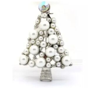 - Vintage Pearl and Crystal Silver Christmas Tree Brooch Pin
